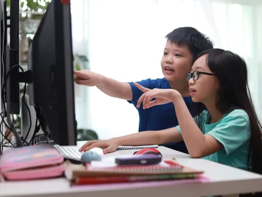 Brother and sister learning together on a computer.