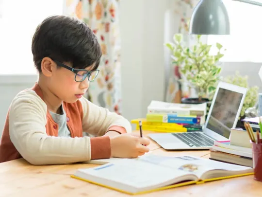 Young male child studying from laptop and making notes.