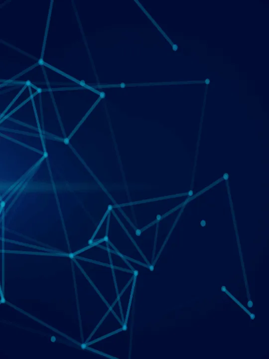 An abstract digital image with a dark blue background. Blue connected dots and lines form a complex network, with glowing orange and blue light streaks across the left side. The image represents digital society and interconnectedness.