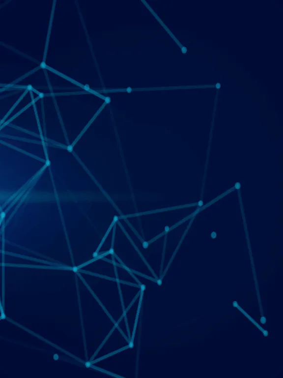 An abstract digital image with a dark blue background. Blue connected dots and lines form a complex network, with glowing orange and blue light streaks across the left side. The image represents digital society and interconnectedness.