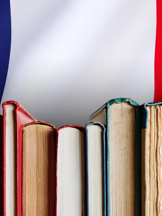 A close-up of a row of books against a background of the French flag, symbolizing the study of the French language and culture.