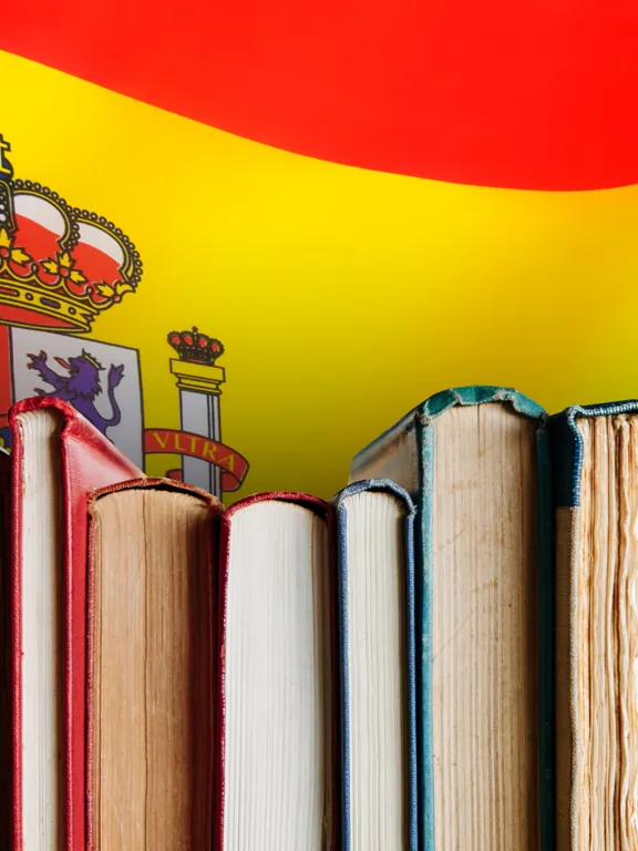 A close-up of a row of books against a background of the Spanish flag and coat of arms, symbolizing the study of the Spanish language.