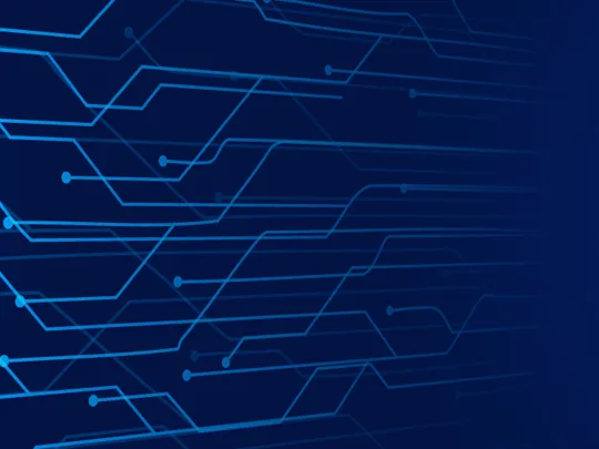 An abstract digital illustration with a dark blue background. On the left, glowing blue lines and dots resemble a circuit board or a network, fading into the right side of the image.