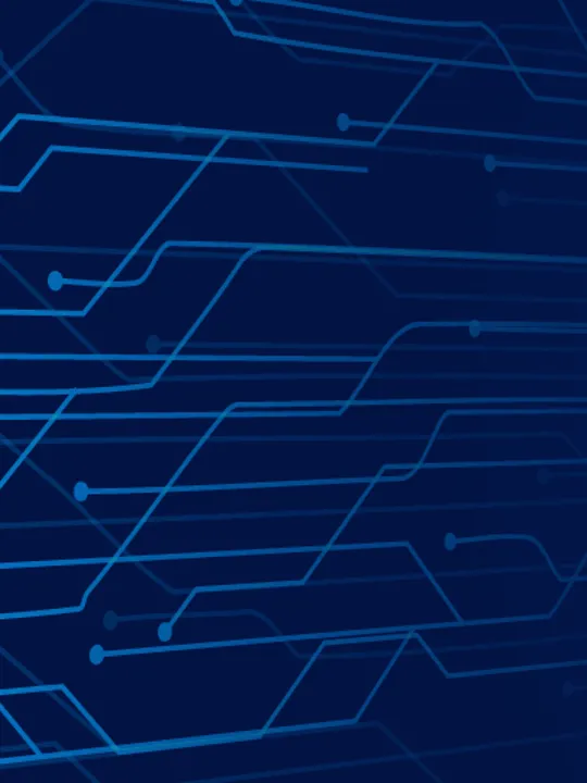 An abstract digital illustration with a dark blue background. On the left, glowing blue lines and dots resemble a circuit board or a network, fading into the right side of the image.