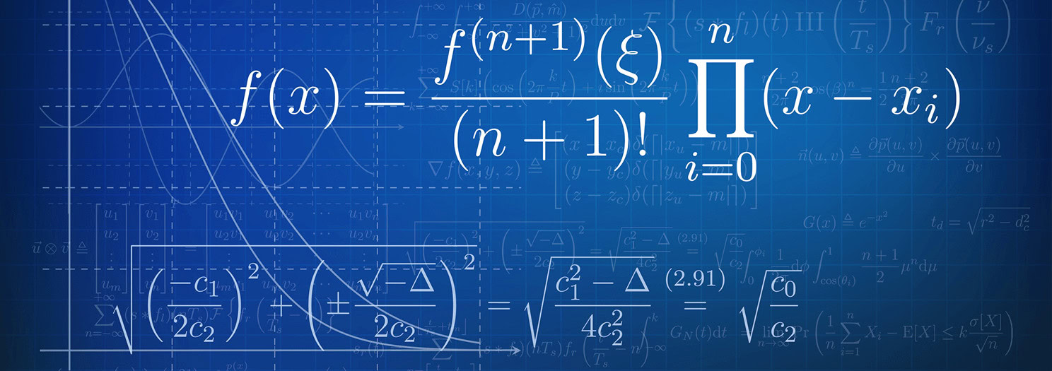 A dark blue background with various mathematical formulas and equations written in white lines, including integrals, functions, and summations. The image represents complex mathematics and advanced problem-solving.