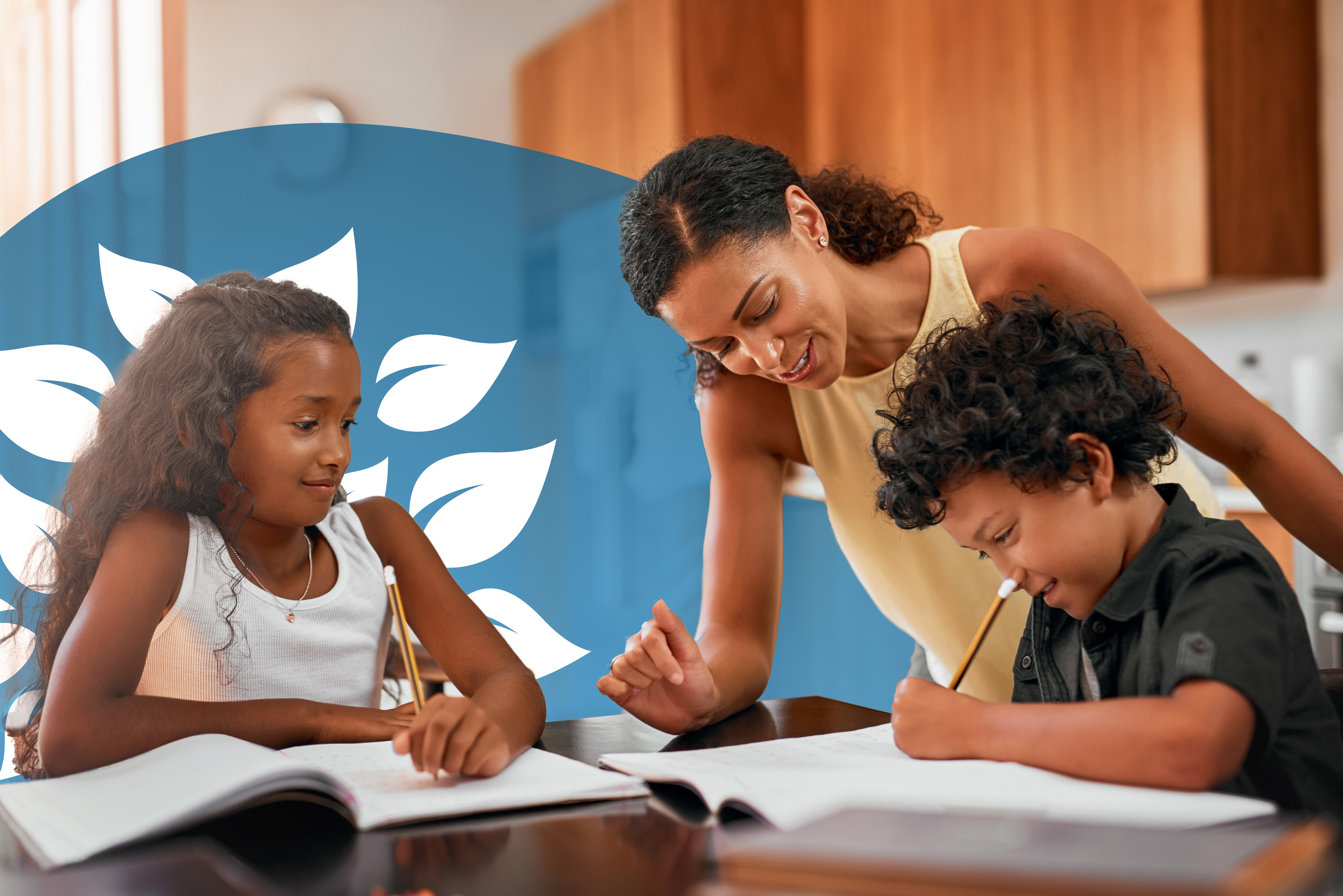 Smiling parent helping two children with their studies at the kitchen table.