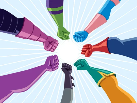 Superheroes with their firsts together in a circle.