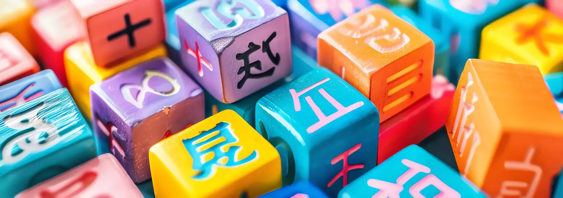 A close-up shot of a pile of small, colorful wooden blocks with various Chinese characters on them. The blocks are in a pile and have different colors such as orange, pink, yellow, blue, and purple. Some blocks also have mathematical symbols like plus or minus signs.
