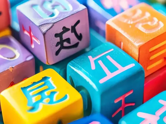 A close-up shot of a pile of small, colorful wooden blocks with various Chinese characters on them. The blocks are in a pile and have different colors such as orange, pink, yellow, blue, and purple. Some blocks also have mathematical symbols like plus or minus signs.