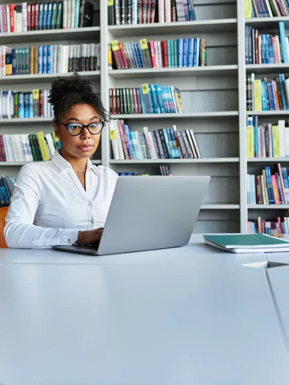 A young woman with glasses and a white shirt sitting at a large library table, working on a laptop with a backdrop of tall, colorful bookshelves.