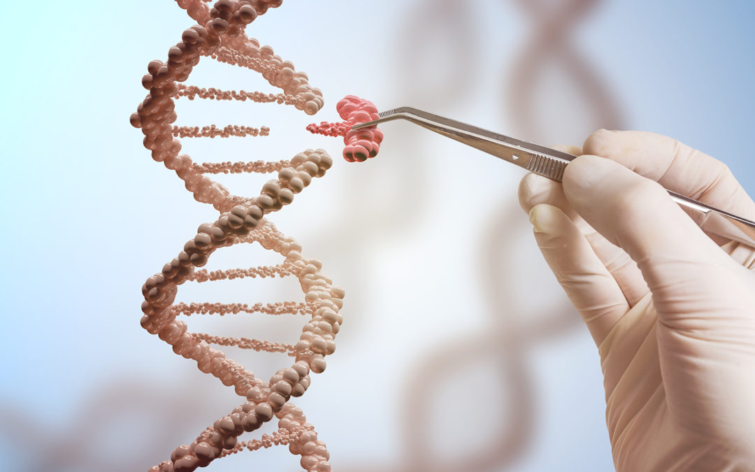 A gloved hand holds a pair of tweezers, which are being used to manipulate a small, red section of a DNA double helix. The rest of the DNA strand is a lighter, beige color and appears to be floating in a blue and white background.