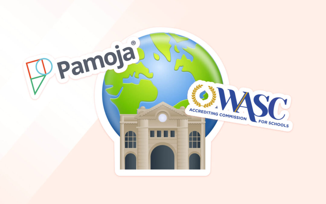 Illustrated image showing a large green and blue globe with a classical school building in the foreground. The logos for 