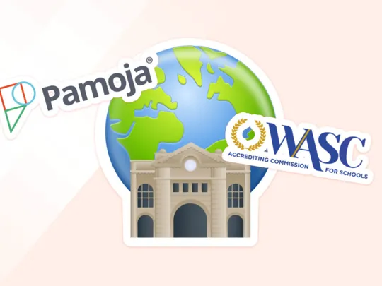Illustrated image showing a large green and blue globe with a classical school building in the foreground. The logos for