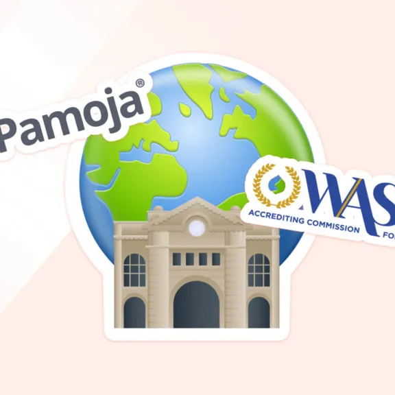 Illustrated image showing a large green and blue globe with a classical school building in the foreground. The logos for